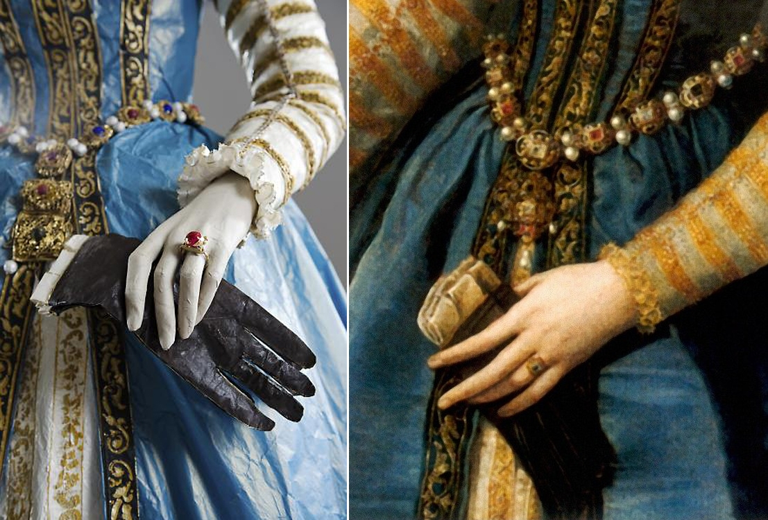 Слева - деталь скульптуры, изображающей Марию Медичи, справа - деталь портрета кисти Алессандро Аллори, 1555, из коллекции Музея истории искусств (Вена)