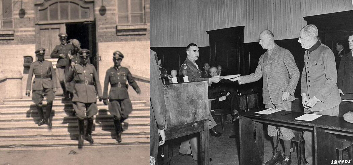Слева: генерал-фельдмаршал Вильгельм Лист в оккупированном Краснодаре, справа: генерал-фельдмаршалы Вильгельм Лист и Максимилиан Вейхс во время "процесса по делу о заложниках"