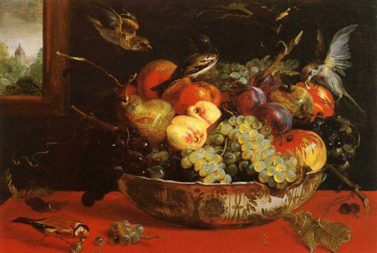 Франс Снейдерс, "Фрукты, чашка и птицы", холст, масло
