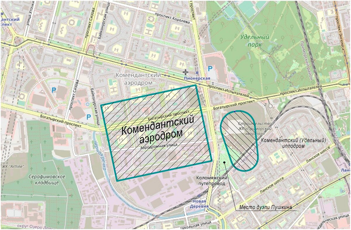 Расположение Комендантского аэродрома на современной карте
