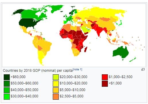 Страны мира по ВВП на душу населения (2018). Скриншот с wikipedia.org