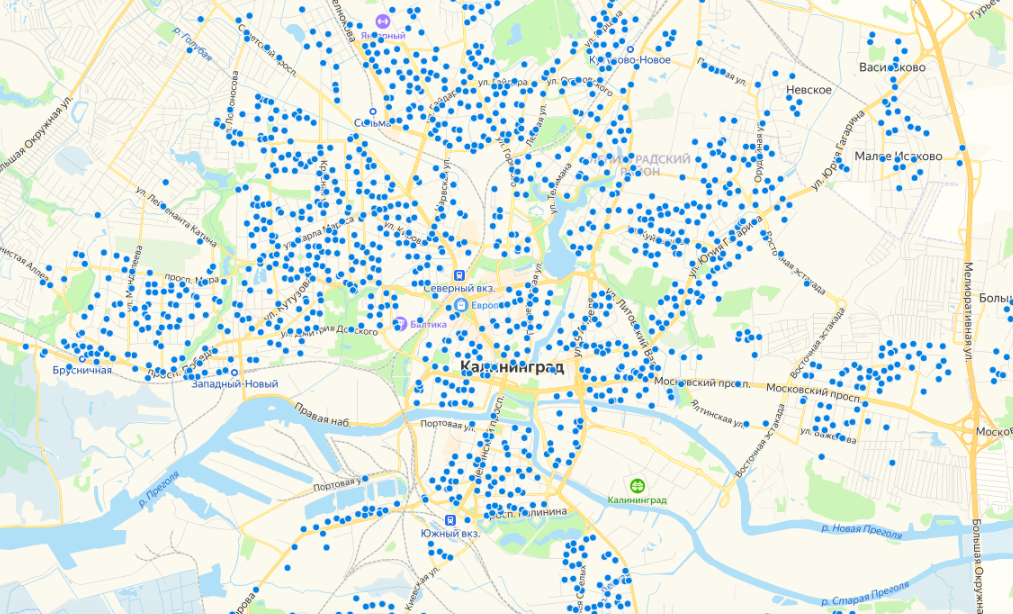 Например, вот карта предложений о продаже двух- и трехкомнатных квартир на вторичке в Калининграде