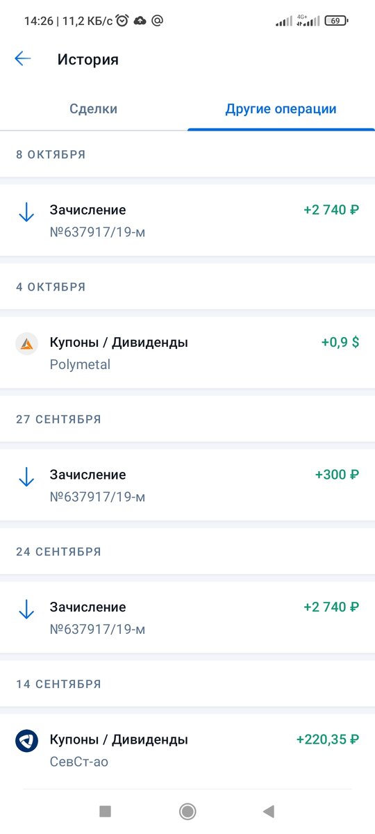 зачисления на счет + приход дивидендов от поли