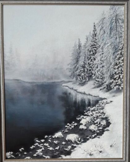 2. Работа С.К. Любимовой. Зимний пруд. Холст на картоне. Масло. 45×60. Изображение из аккаунта в Инстаграм @lyubimova.1951