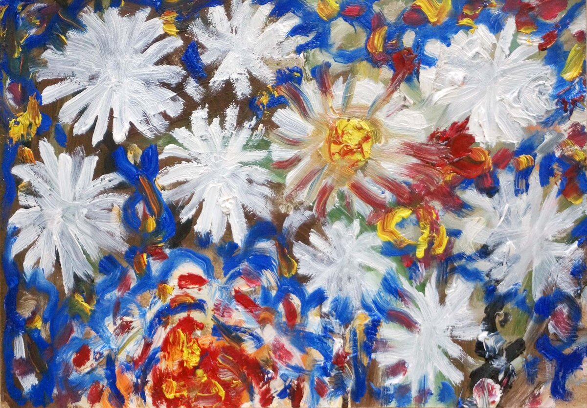 Девятов Дмитрий Белые цветы 21х30  двп масло 2021 г  