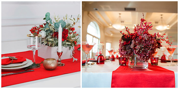 Красные дорожки и белые скатерти смотрятся празднично и изысканно 