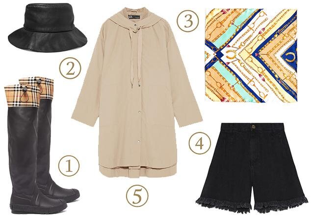 Сапоги Burberry, 20 785 руб. 2. Панама Albus Lumen, 19 114 руб. 3. Платок Stradivarius, 799 руб. 4. Шорты I Am Studio, 8500 руб. 5. Куртка Zara, 3999 руб.