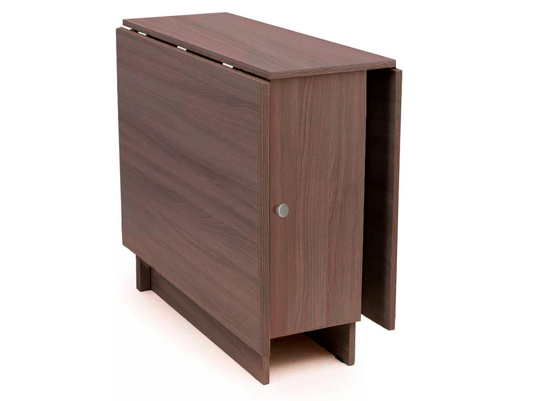 Приблизительно так выглядит классический стол-книжка уже более 40 лет. Есть модели более компактные, который в сложенном виде имеют ширину всего 15-20 см, есть такие как фото. 