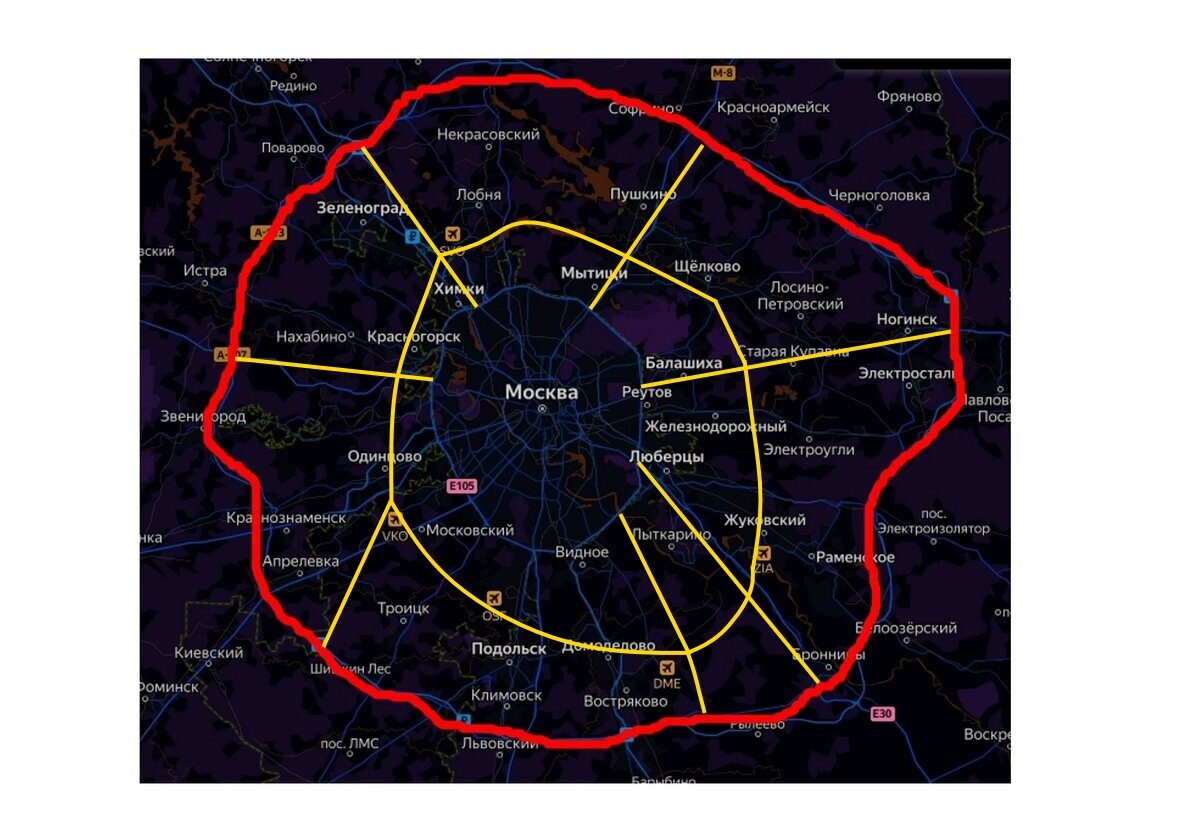 Желтым цветом отмечено новое кольцо и несколько развязок.