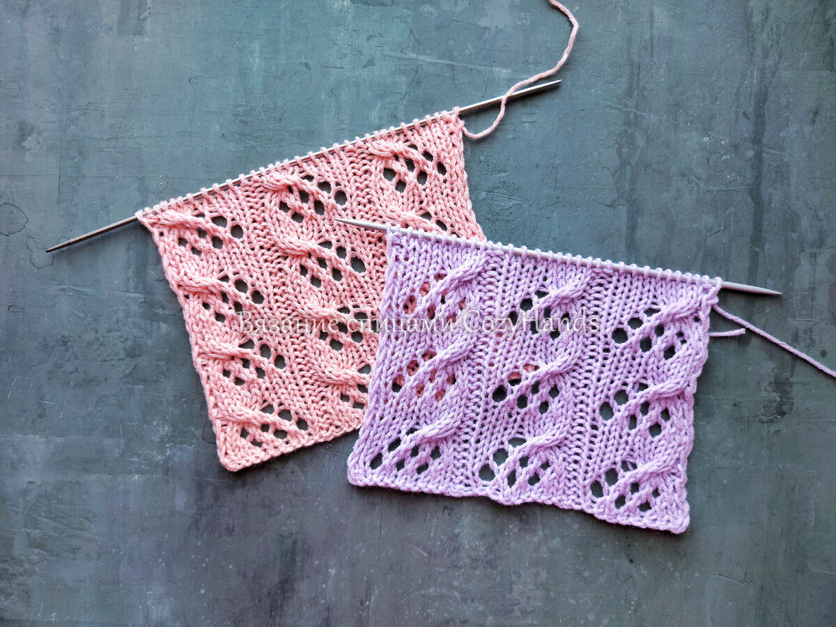 Ажурный узор из вертикальных ажурных дорожек со жгутами для вязания джемперов, палантинов, носков 