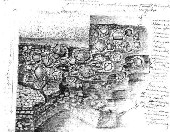 Раскопки в окраинах Триполья. Рисунки и страница из полевого дневника В.В. Хвойки
