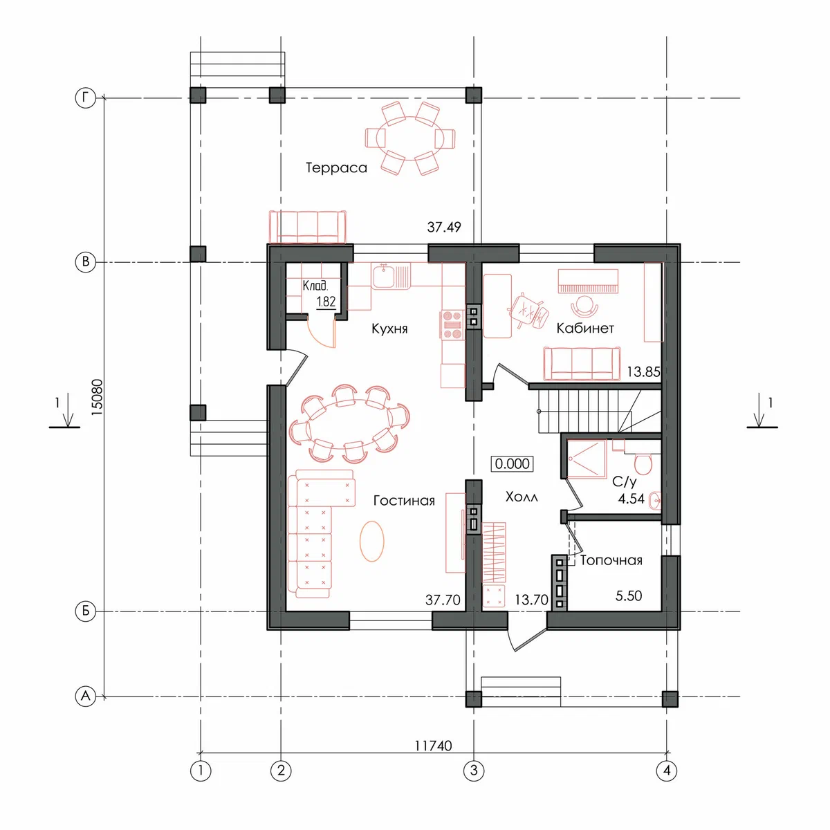 План первого этажа. Источник изображения: Дзен-канал " Планируем дом | Архитектор"