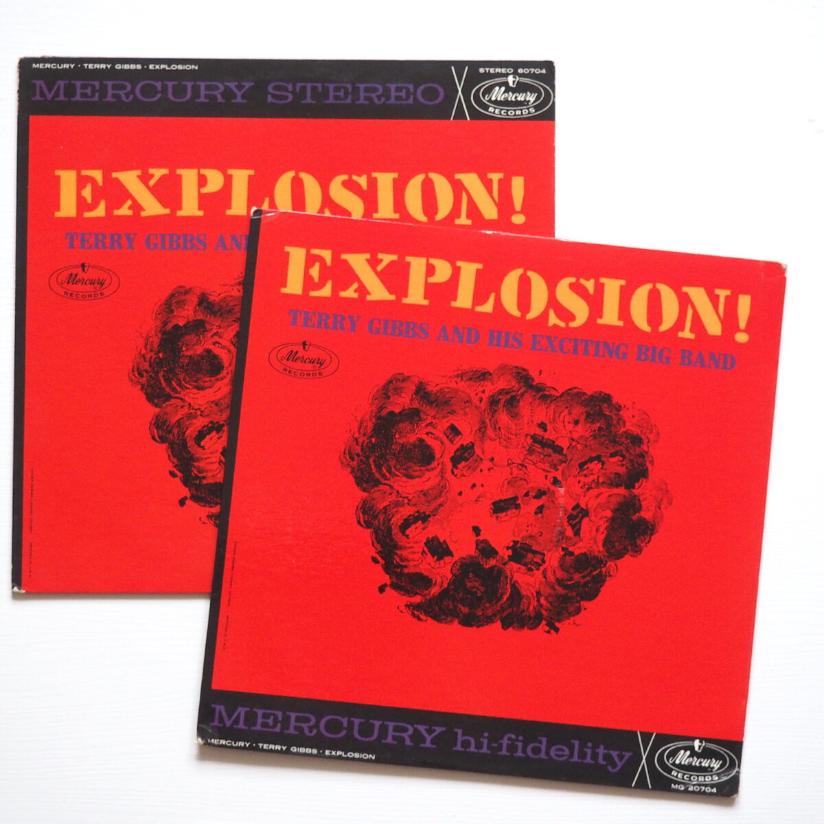 Альбом оркестра Терри Гиббса 'Explosion' в моно (снизу с полосой Mercury Hi-Fidelity) и в стерео (с полосой Mercury Stereo)