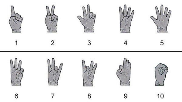 Жесты, обозначения цифр от 1 до 10 одной рукой. Практикуемый у нас вариант (изображение из открытых источников)