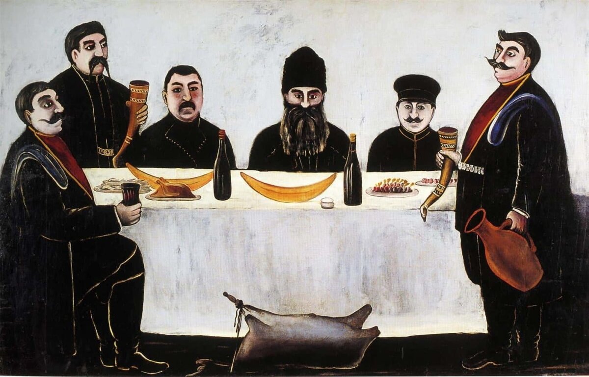 Нико Пиросмани "Друзья Бегоса" 1910г. Источник https://artchive.ru/nikopirosmani/works/p:6