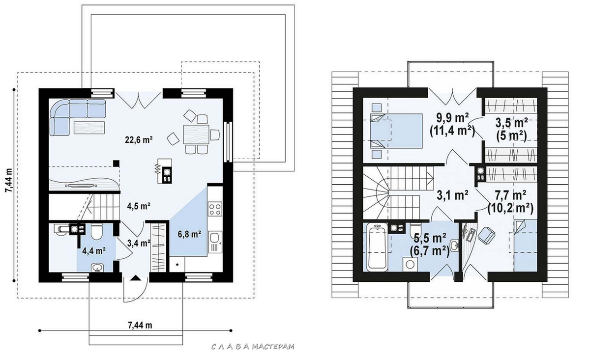 Планировка 1-го и 2-го этажа, источник планировок http://optimumhouse.ru/catalog/projects/Z_264.html#tab_content_gazobeton