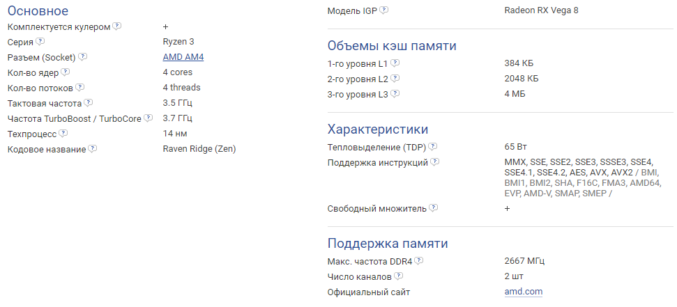 Характеристики процессора Ryzen 2200G.