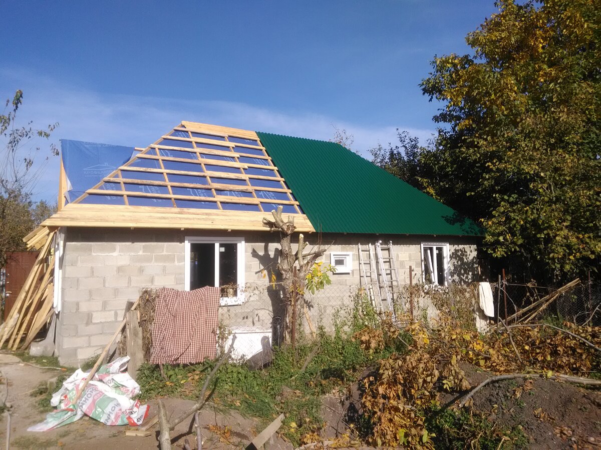 Орех пришлось спилить - мешал укладывать профлист. Да и рядом с домом высокие деревья не должны стоять, по-хорошему