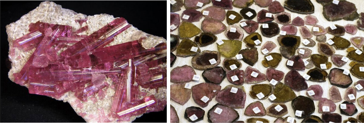 Кристаллы розового турмалина (рубеллита) и слайсы (пластинки) арбузных турмалинов (справа)