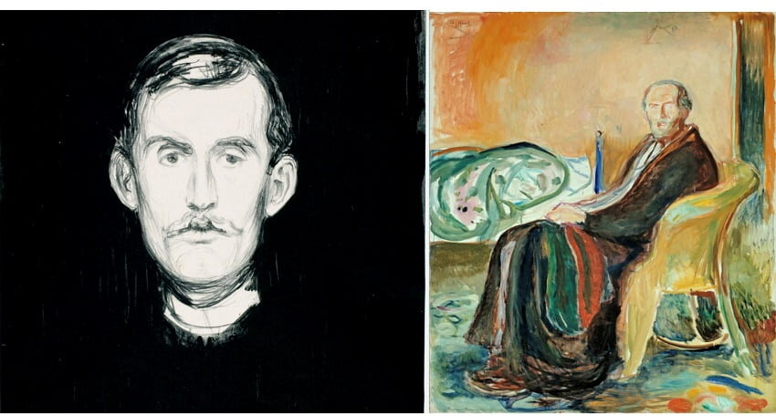 
Слева «Автопортрет» (1895): усталый взгляд художника, чуть сонный, и его увлечения оккультизмом. Справа «Автопортрет в кресле» (1919), здесь много интриги, лицо размыто, художнику 56 лет и можно подумать - он не пишет автопортрет, а составляет на себя фоторобот. Сюда можно примерить его фирменно мунковскую классификацию улыбок с первой страницы тетрадки скетчей: «Улыбка – Ребенка – Блудницы – Леди «Правосудие» - Мефистофеля – Улыбка благополучия – Моны Лизы».