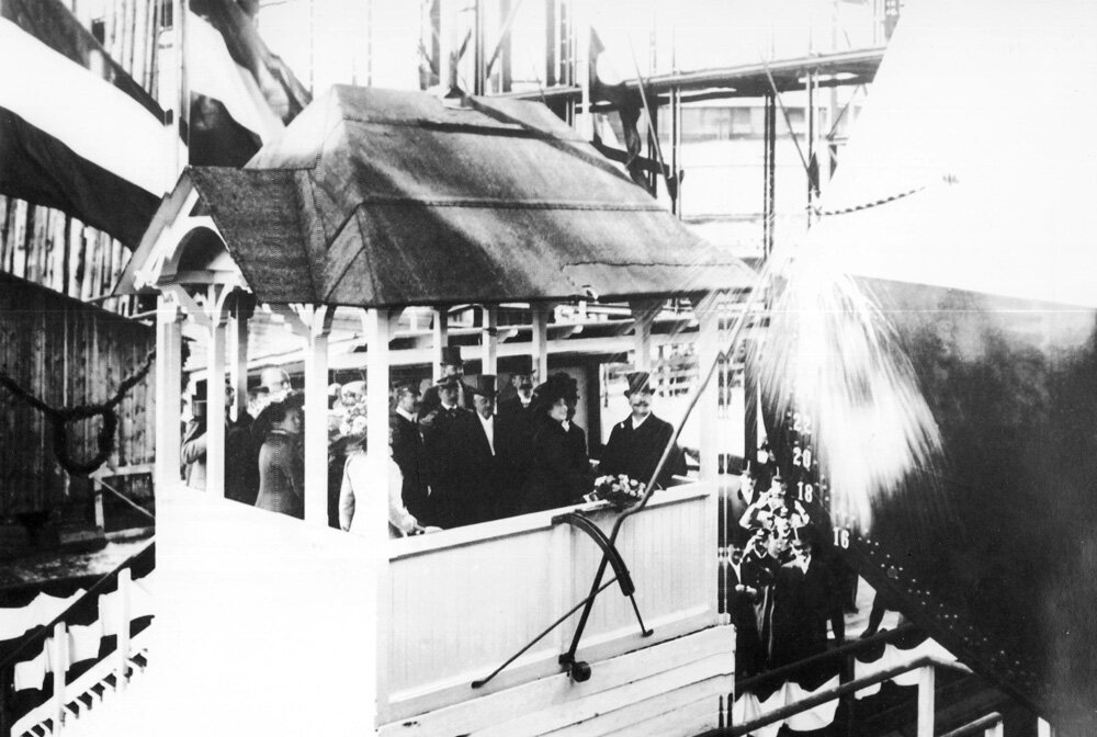 Спуск на воду «Уругвая» на верфях Vulcan в Штеттине, Германия, 12 апреля 1910 года.