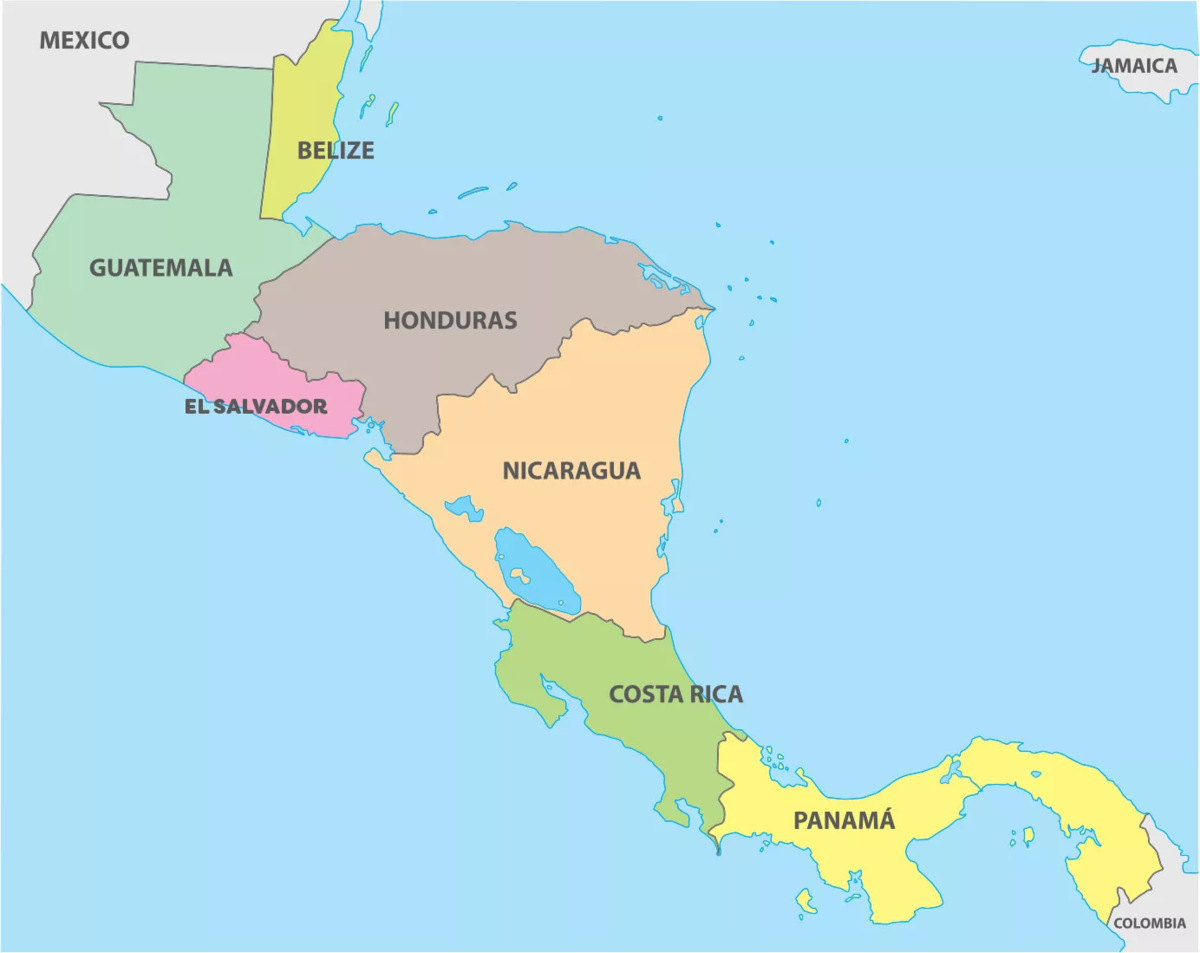 Государственный язык центральной америки. Никарагуа, Сальвадор, Гватемала на карте. Никарагуа на карте Латинской Америки. Коста Рика на карте центральной Америки. Политическая карта центральной Америки.