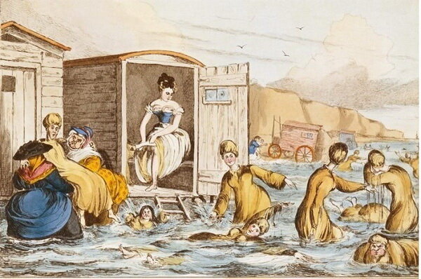 Women swimming in the sea at Brighton. Coloured etching by W. Heath. Wellcome Library