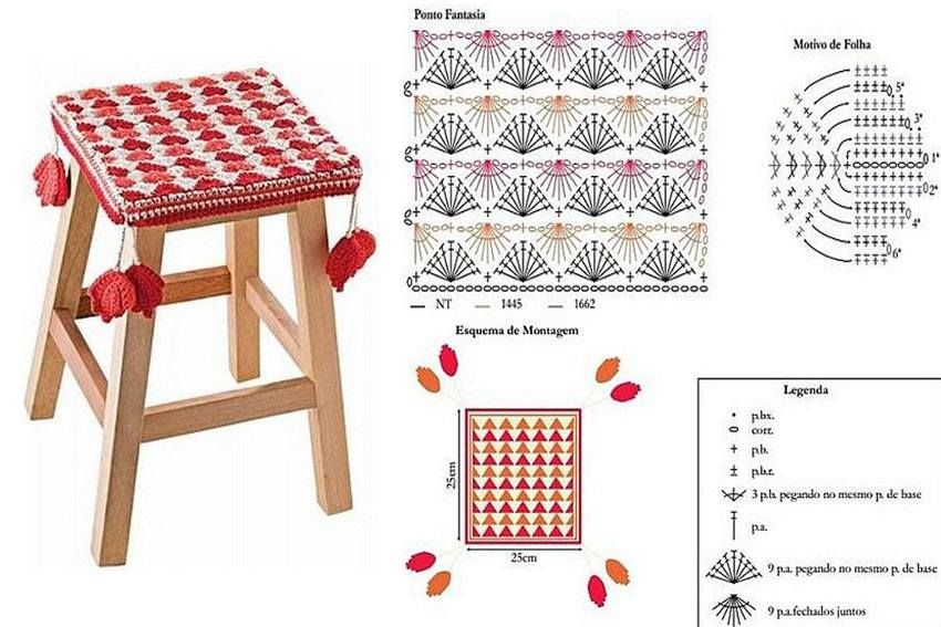 Вязание крючком накидки на стулья и табурет, схемы с описанием