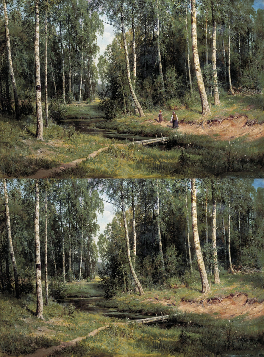 За основу взята иллюстрация "И.И.Шишкин. Ручей в березовом лесу. Холст, масло.. 1883."