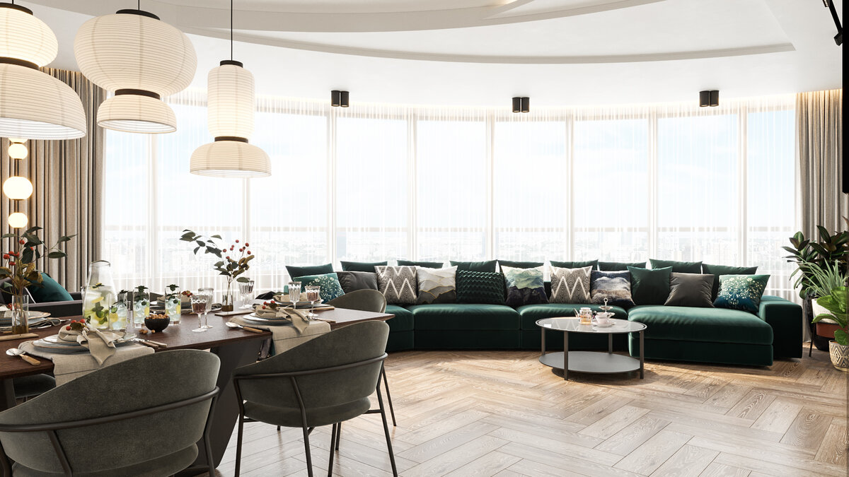 Архитектура данного пространства подарила нам изогнутое, панорамное остекление с чудесным видом. Такая же форма нашла продолжение в гостиной комнате, в виде плавных изгибов потолочных отпусков, а также в предметах мебели и света