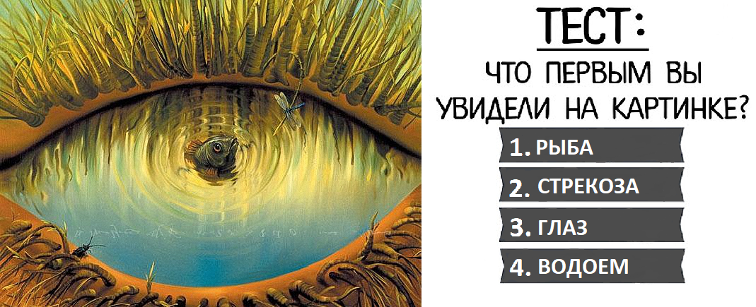 Что вы увидели первым на этом изображении? Стрекозу, рыбу, водоем или глаз?