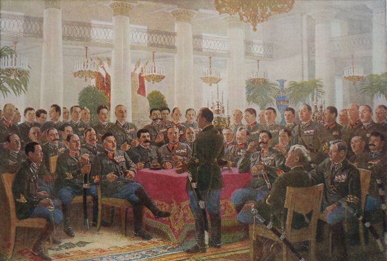 Первая конная армия / И. В. Сталин с командным составом I-й Конной армии. Александр Герасимов, 1935 год. Источник: commons.wikimedia.org