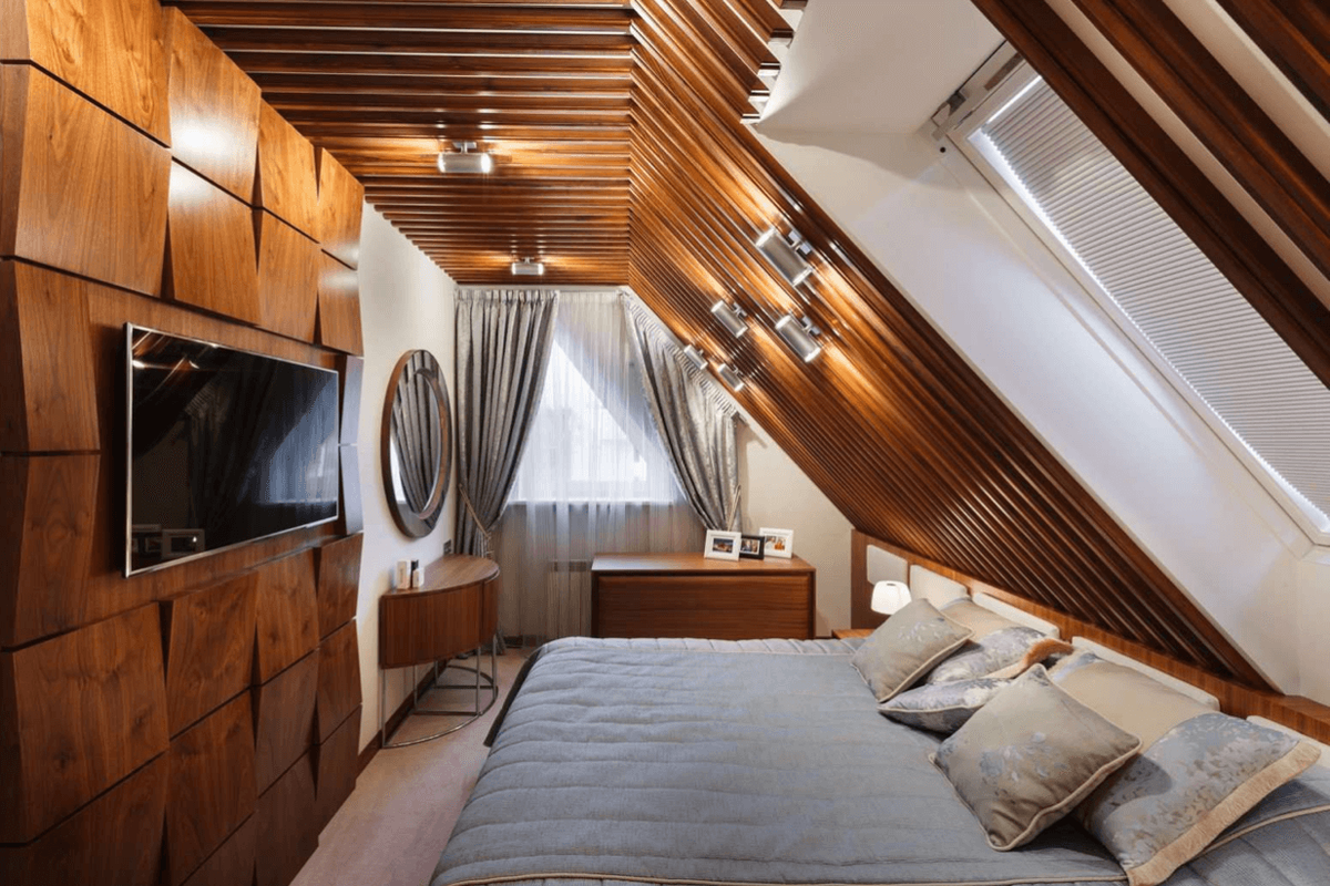 Спальня на мансарде в деревянном доме (58 фото)
