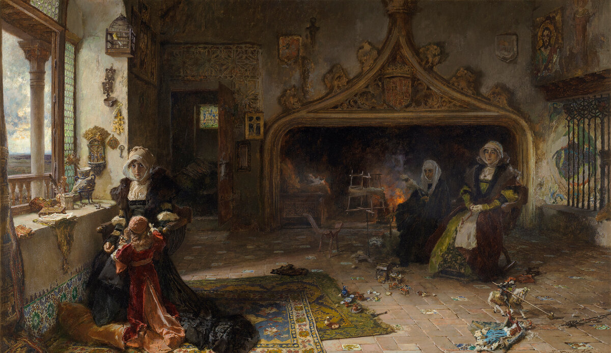 Франсиско Прадилья Ортис (1848 – 1921). Хуана Безумная, заключённая в тюрьму в Тордесильясе со своей дочерью, инфантой Каталиной, 1906