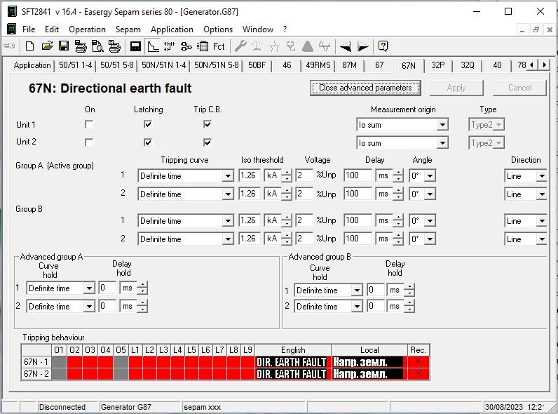 Sepam settings for 67N