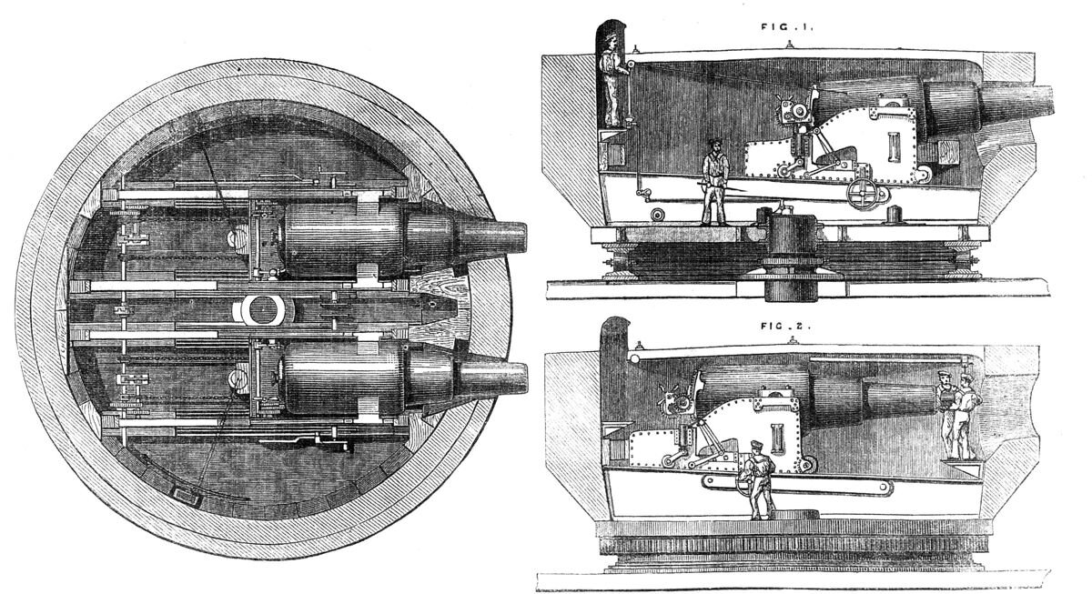 Орудийная башня броненосца HMS Cerberus (1868). На рисунке 1 орудие готово к выстрелу, на рисунке 2 - перезаряжается