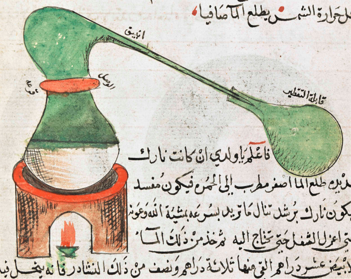 Изображение перегонного куба из арабских средневековых источников.