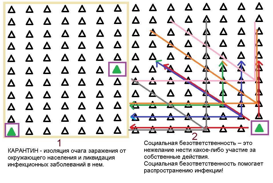 в первом случае Карантин позволяет исключить распространение инфекции, во втором случае социальная безответственность помогает распространению инфекции, т.к. он запускает цепную реакцию по распространению инфекции