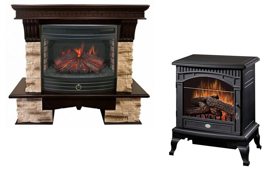 Слева — пристенная модель RealFlame FireField25 SIR с эффектом 2D, укомплектованная декоративным порталом Rockland 25 AO (RealFlame, Китай). Справа — электрокамин «соло» с вентилятором для обогрева помещения до 37 кв. м (Dimplex, Великобритания)