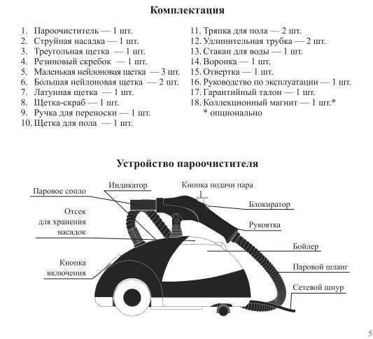 Комплектация и устройство Пароочистителя KITFORT КТ-931