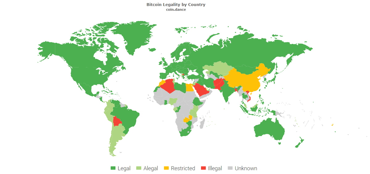 Легальность bitcoin по странам. Данные: CoinDance