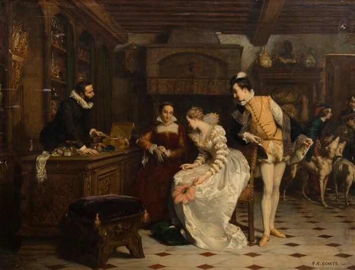 Жанна д'Альбре покупает отравленные перчатки у парфюмера Екатерины Медичи. худ. Пьер-Шарль Конт, 1852 г.