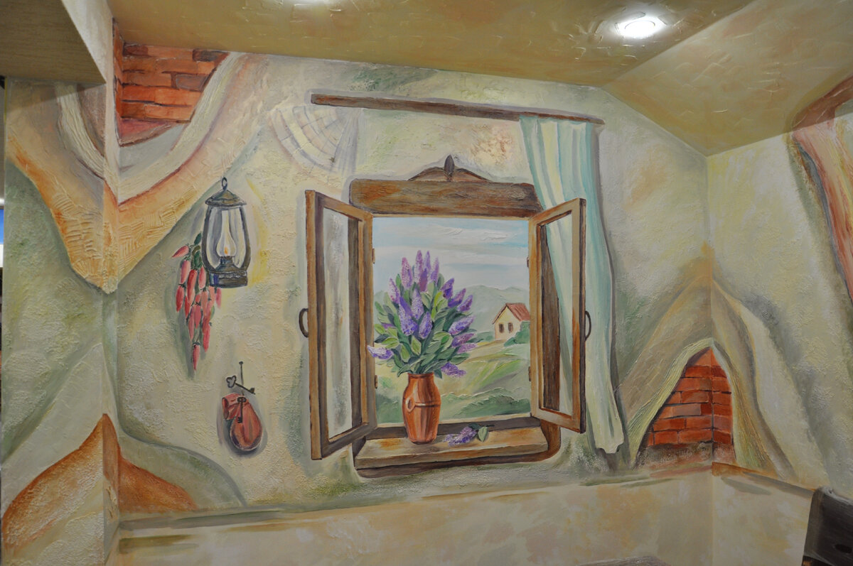 Фото автора. Тяглова Н.В. Фрагмент росписи в кафе "Старый Базар" в Сочи. Здесь важно было решить сами стены, имитируя пространство старого дома.