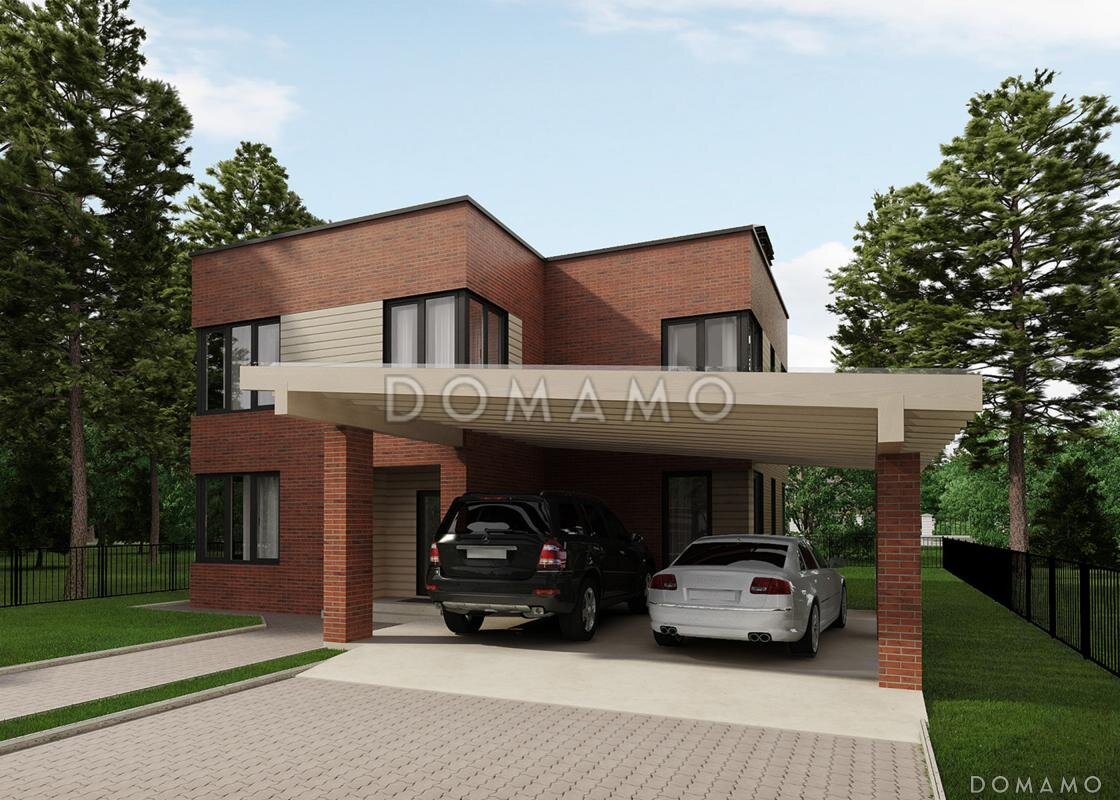 Проект D460 — двухэтажный дом с навесом для авто