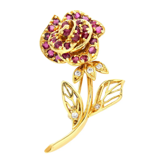Брошь Faberge Rose из желтого золота 18 карат с рубином и бриллиантом.