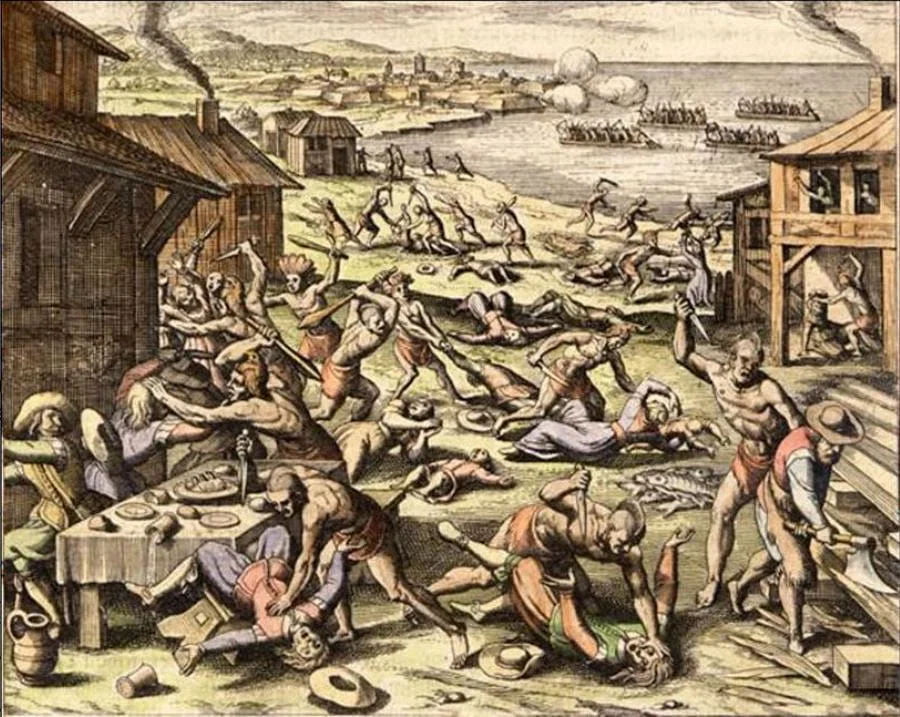 Индийская резня 1622 года . Раскрашенная версия гравюры на дереве Маттеуса Мериана, опубликованная вместе с более ранними гравюрами Теодора де Бри в книге о Новом Свете 1628 года. 
На гравюре изображена резня 1622 года, когда индейцы племени поухатан напали на Джеймстаун и поселения в окрестностях Вирджинии.