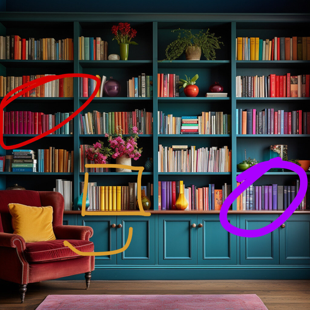 Подушка желтого цвета перекликается с рядом желтых книг