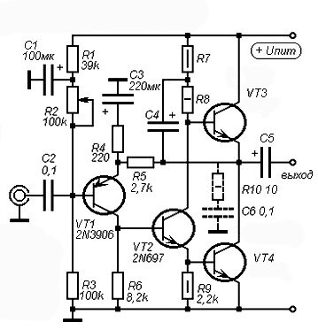 Схема простого усилителя звука на транзисторах от 100 до 200 Вт