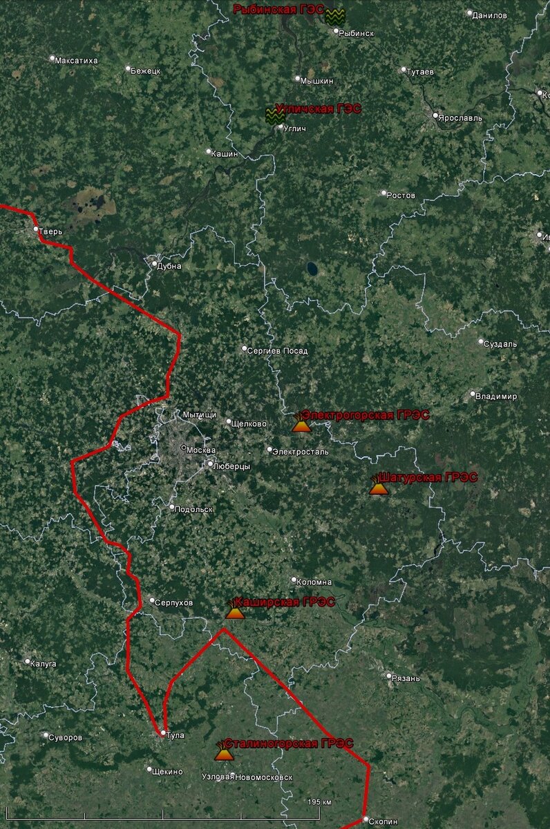 Основные электростанции Подмосковья на 1941 год. Красная линия – примерно соответствует максимальному продвижению немецких войск