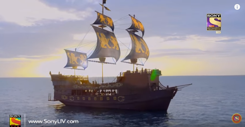 Кадр из фильма. Как по мне, похоже скорее на венецианский неф, или вариацию на тему португальской каракки со странным парусным вооружением (косых парусов не хватает). Когда я забила картинку в Поиск, всеведущий Google предположил, что перед нами галеон, хотя это очень вряд ли :)